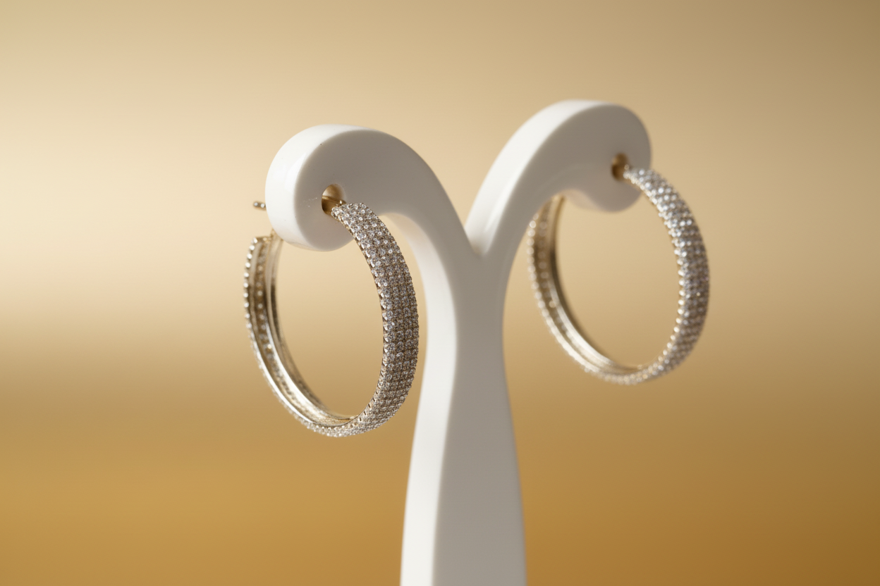 Korean style CZ gold plated hoop earrings front view – Oneofé Jewellery"
