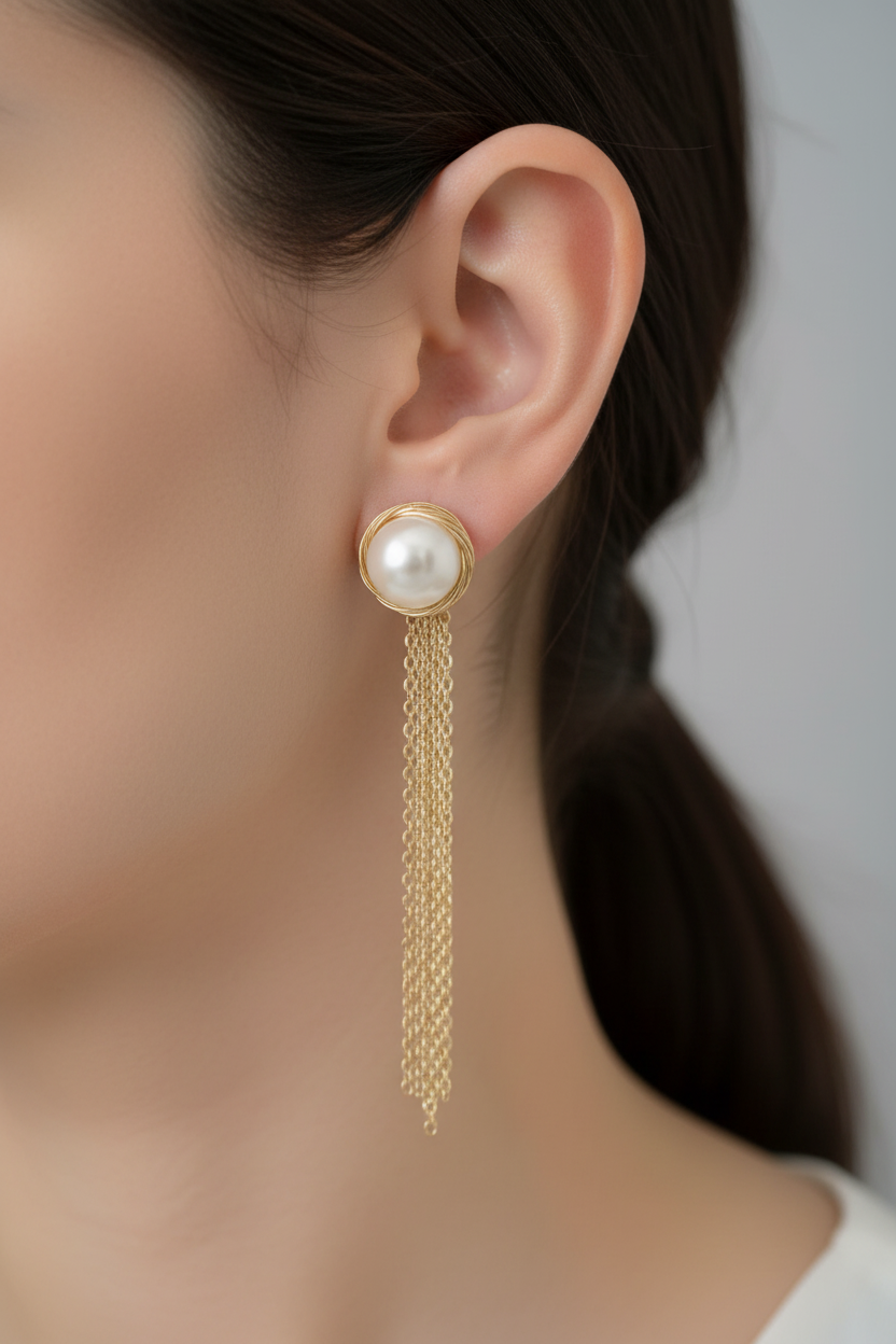 Gold plated wire wrapped freshwater natural pearl earrings — handcrafted elegant jewellery for women India