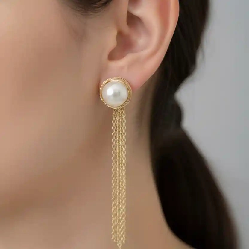 Gold plated wire wrapped freshwater natural pearl earrings — handcrafted elegant jewellery for women India