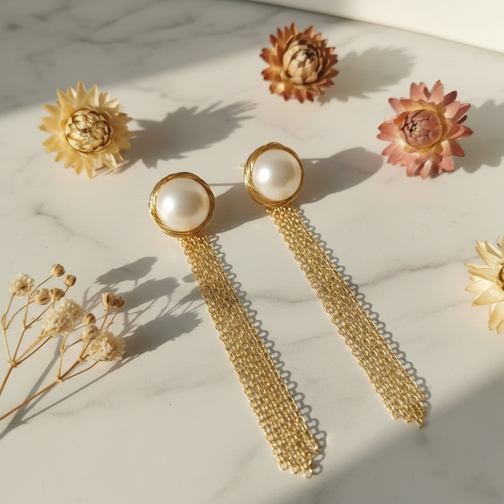 Gold plated wire wrapped freshwater natural pearl earrings — handcrafted elegant jewellery for women India
