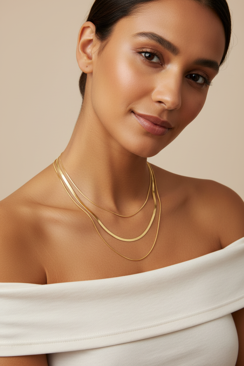 Gold plated 3-layer snake chain necklace – minimalist layered everyday jewellery for women – Oneofé