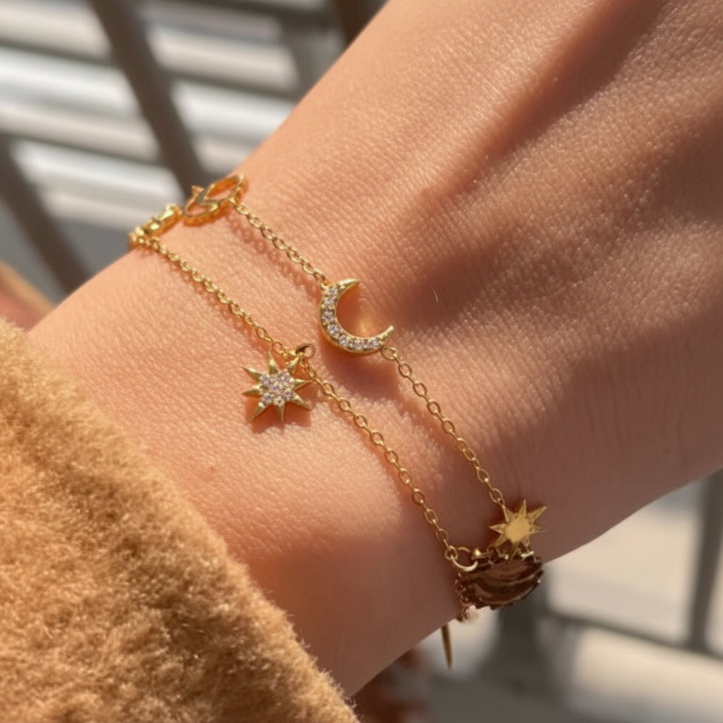 Gold plated moon charm cable chain bracelet on model — celestial minimalist stackable jewellery for women India
