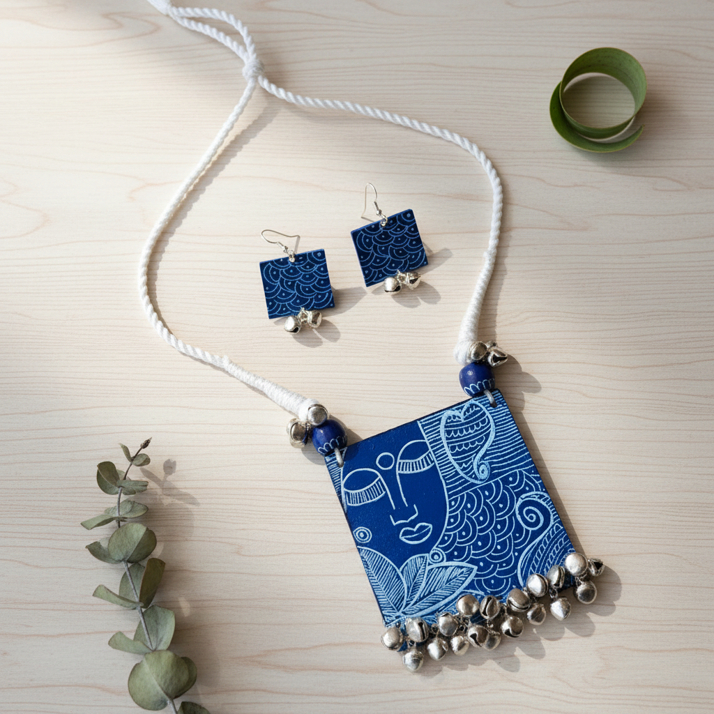 Blue colour wooden handcrafted beaded necklace set — festive ethnic jewellery for women India