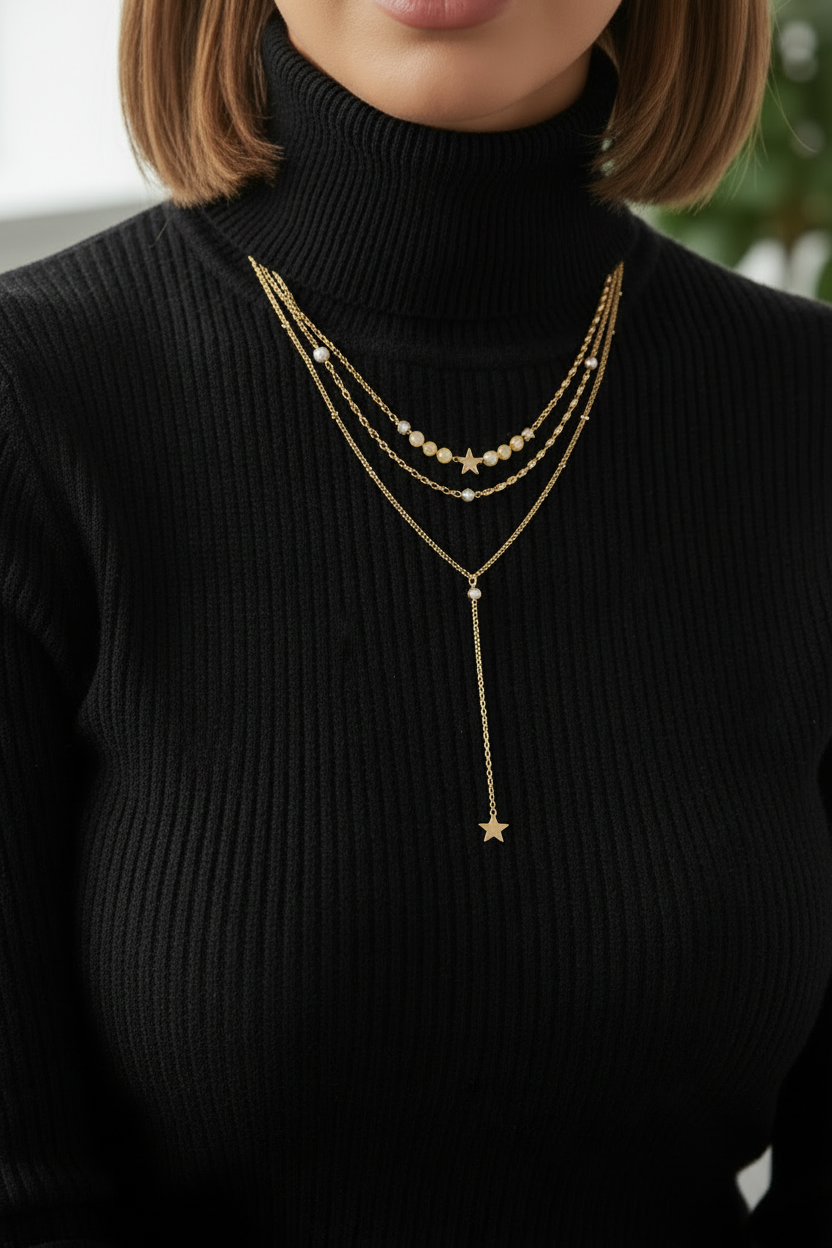 Gold plated asymmetrical star layered necklace for winter – Oneofé
