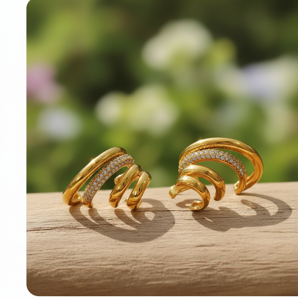 Gold PVD zircon geometric earring side view — non-tarnish waterproof jewellery