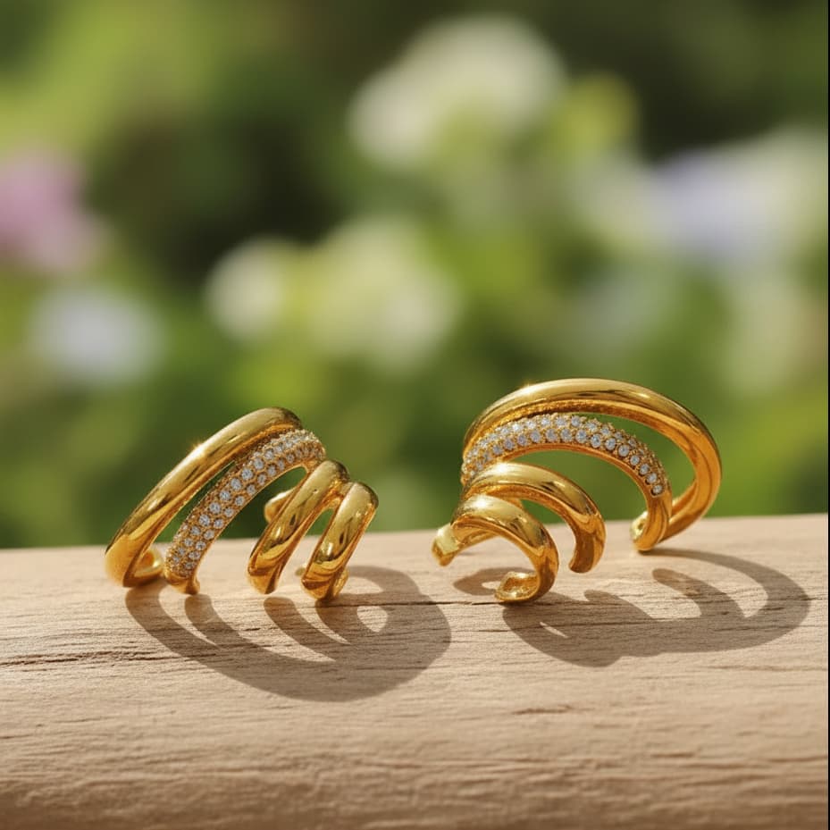 Geometric electroplated zircon earring close-up — stainless steel gold jewellery India