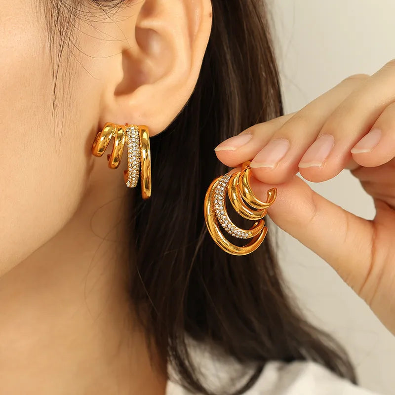 Geometric 18K gold PVD zircon inlay stud earring — waterproof anti-tarnish jewellery India