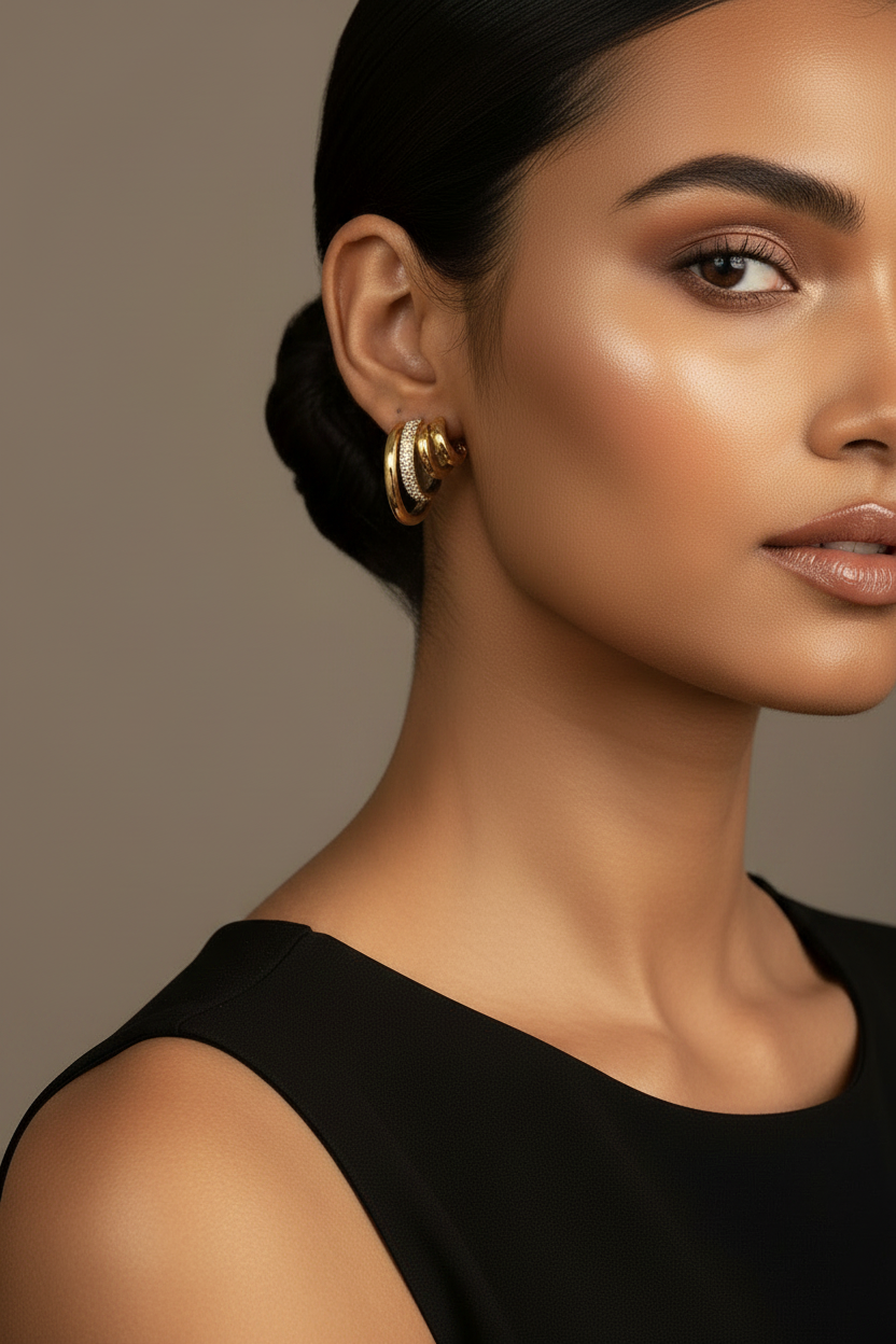 Geometric electroplated zircon earring close-up — stainless steel gold jewellery India