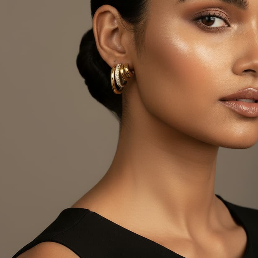 Geometric electroplated zircon earring close-up — stainless steel gold jewellery India