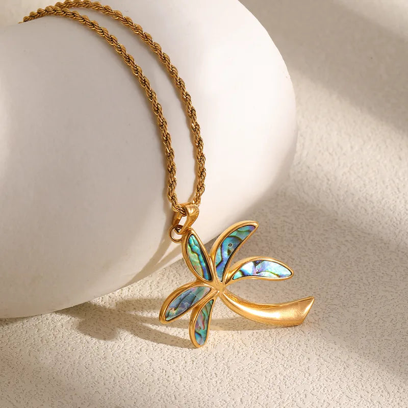 Gold Blue Opal Palm Tree Pendant Necklace close up– handcrafted statement necklace for women – Oneofé

