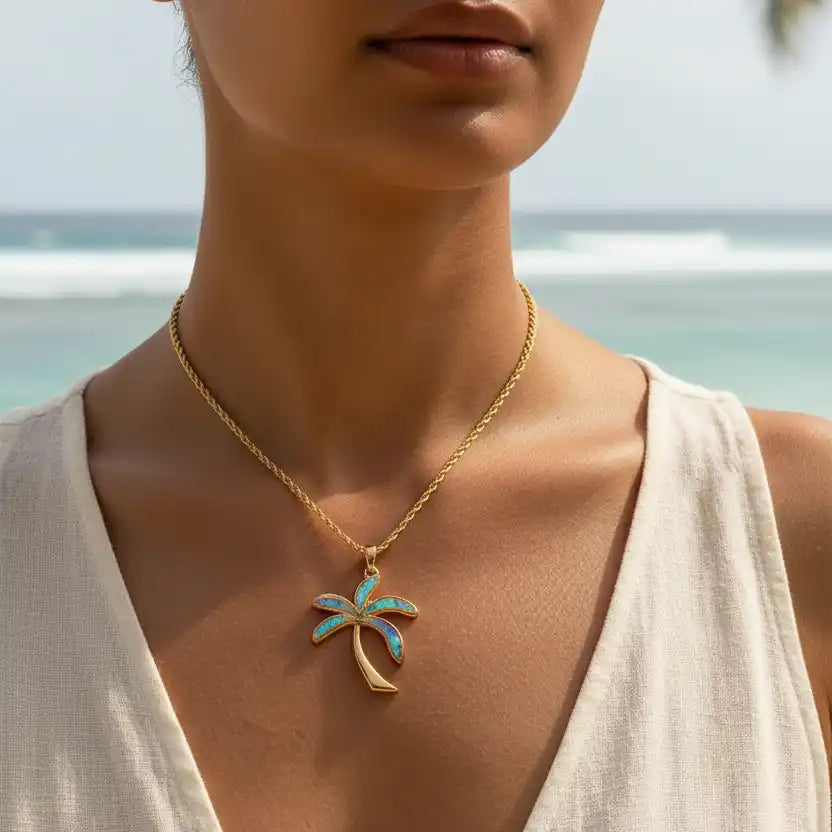 Gold Blue Opal Palm Tree Pendant Necklace – tropical beach lifestyle shot – handcrafted statement necklace for women – Oneofé
