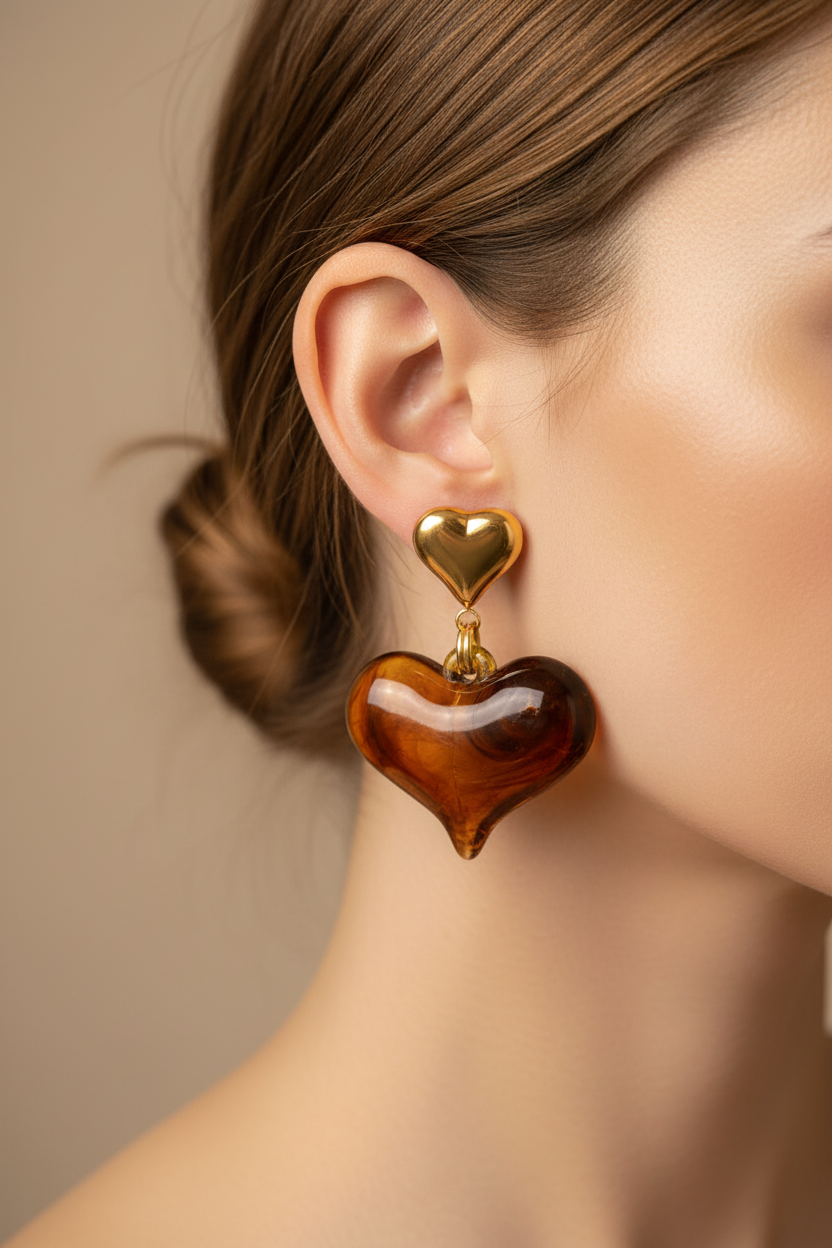 Handmade heart shape gold stud earrings — romantic everyday jewellery for women