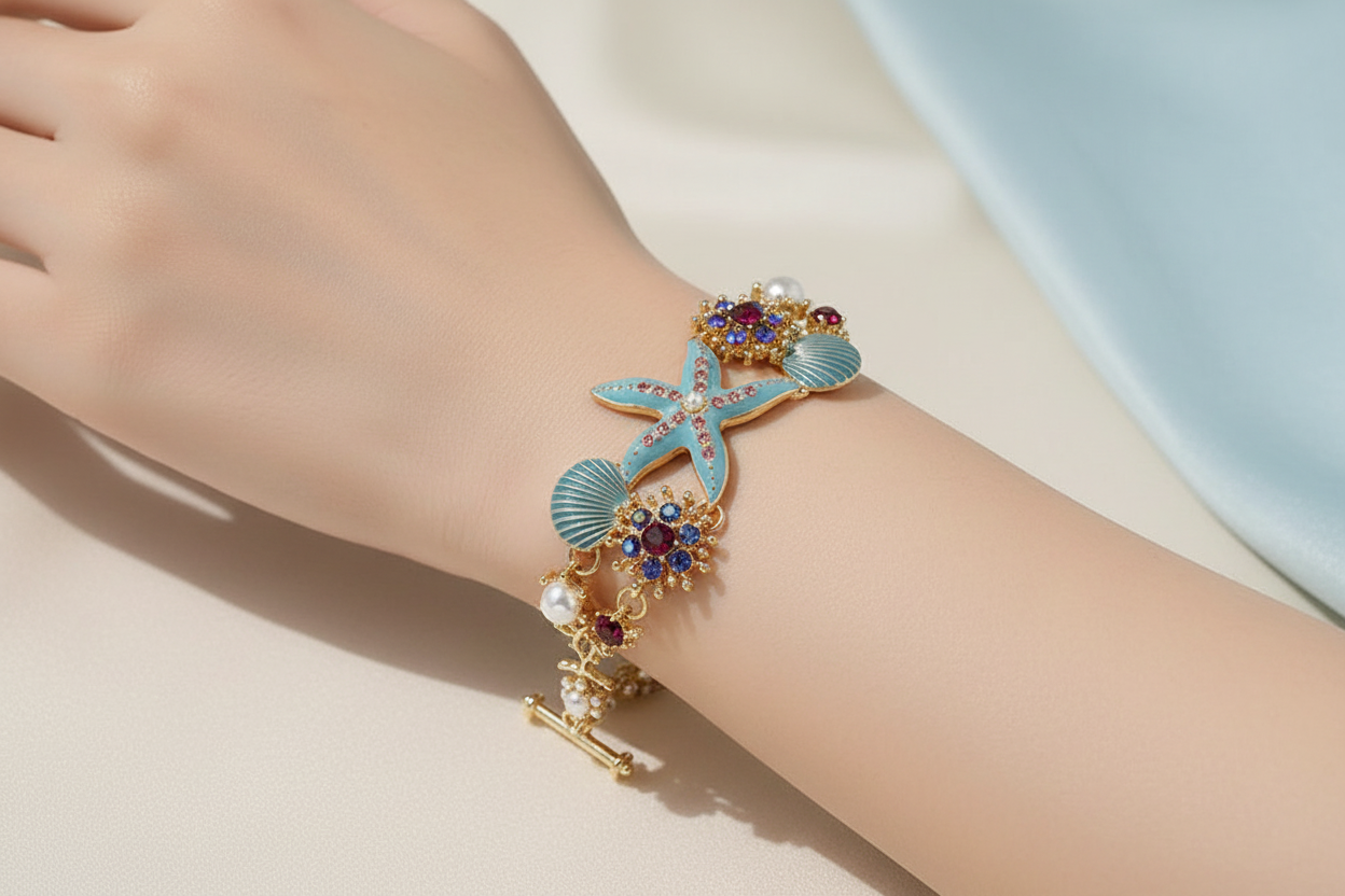 Hawaiian marine scallop starfish pearl rhinestone bracelet — beach vacation jewellery for women