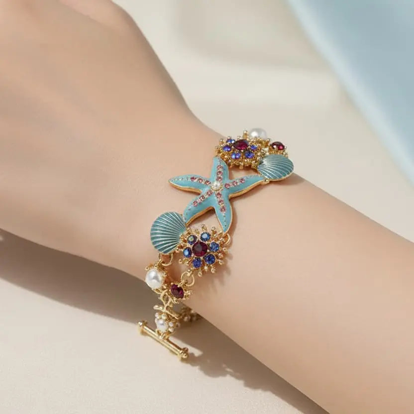 Hawaiian marine scallop starfish pearl rhinestone bracelet — beach vacation jewellery for women