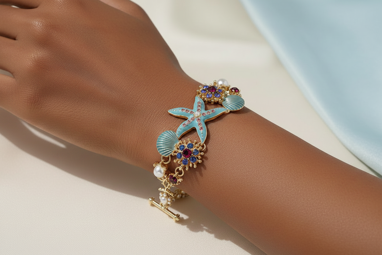 Hawaiian marine scallop starfish pearl rhinestone bracelet — beach vacation jewellery for women