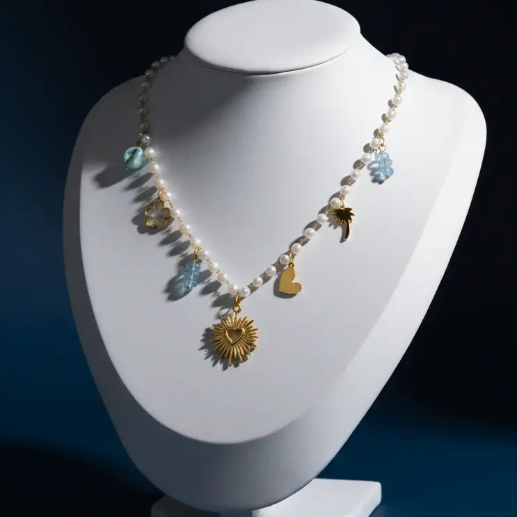 Gold plated heart shape multi charms beaded necklace product close up – everyday jewellery for women – Oneofé