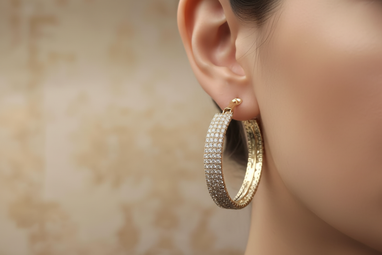 "Korean style CZ gold plated hoop earrings side view – Oneofé Jewellery"