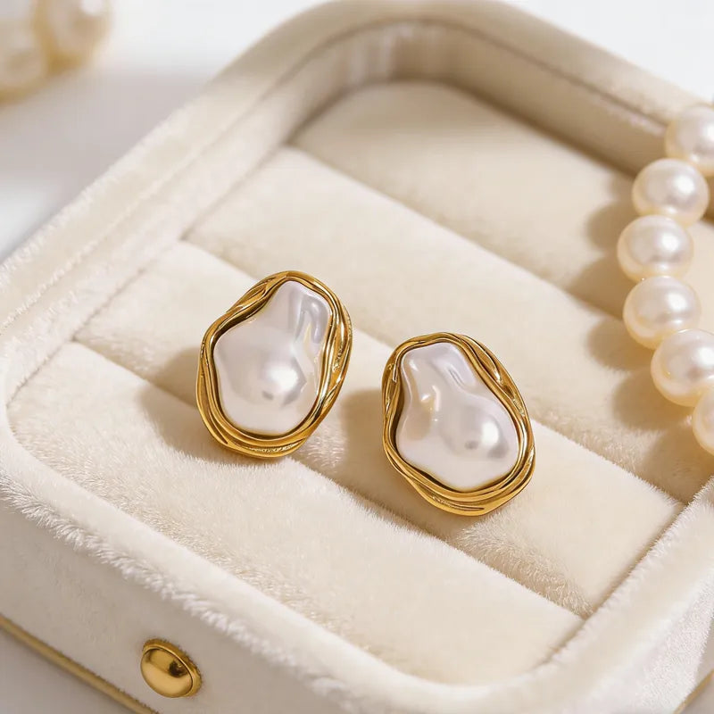 Irregular 18K gold plated pearl inlay hypoallergenic stud earrings — dainty everyday earrings for women