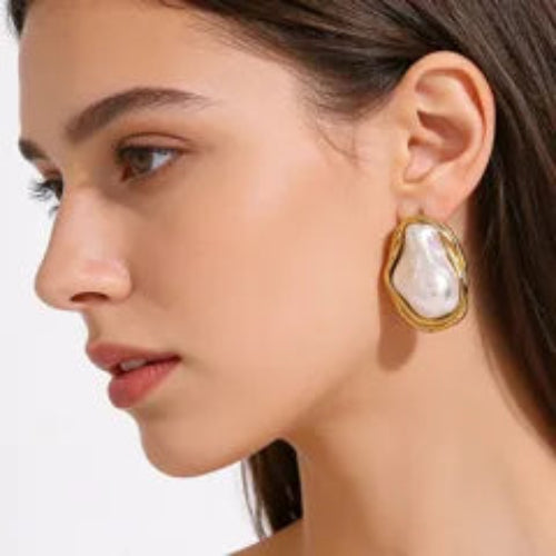 Irregular 18K gold plated pearl inlay hypoallergenic stud earrings — dainty everyday earrings for women