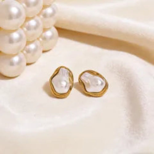 Irregular 18K gold plated pearl inlay hypoallergenic stud earrings — dainty everyday earrings for women

