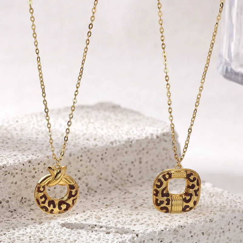 18K gold plated leopard print pendant necklace circular square animal pattern – demi fine statement necklace for women India – Oneofé