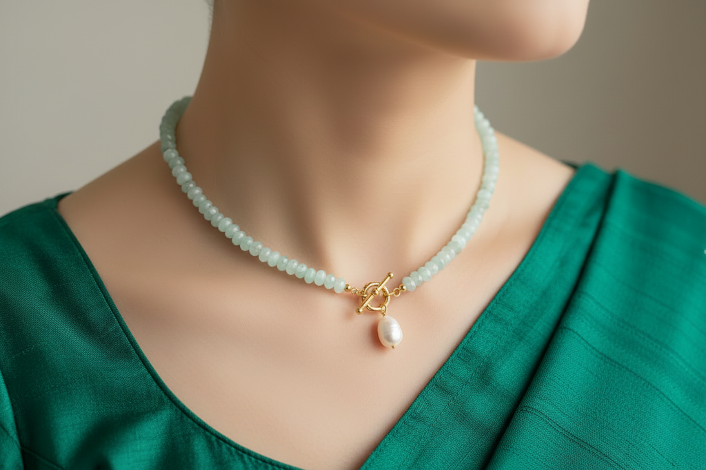 Freshwater pearl 18K gold plated beaded round necklace — natural stone minimalist jewellery gift for her women India
