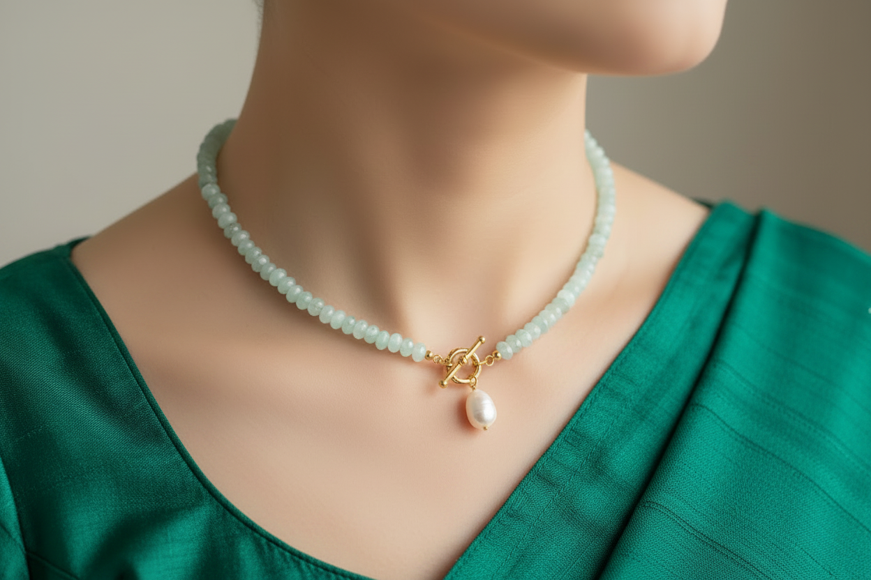 Freshwater pearl 18K gold plated beaded round necklace — natural stone minimalist jewellery gift for her women India
