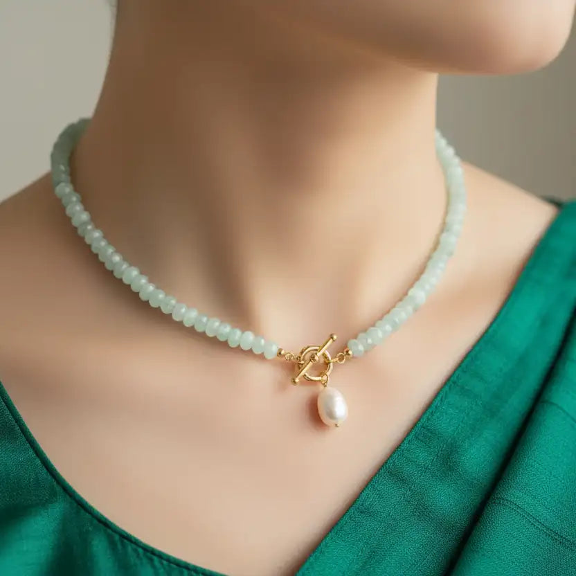 Freshwater pearl 18K gold plated beaded round necklace in indian saree look— natural stone minimalist jewellery for women India
