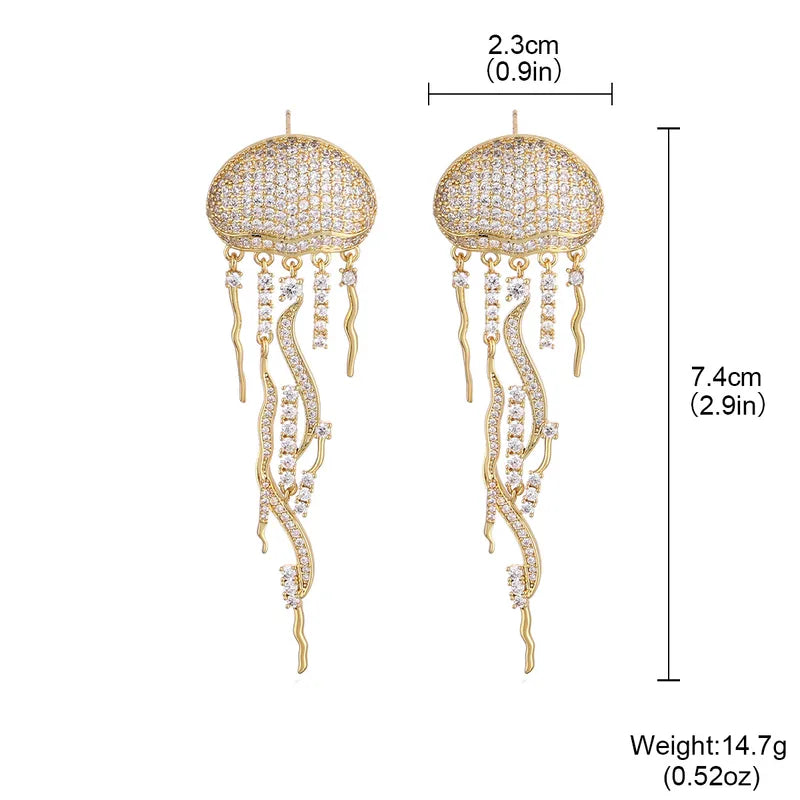 KC Gold Plated Zircon Ocean Pattern Tassel Drop Earrings close-up – everyday statement earrings for women – Oneofé