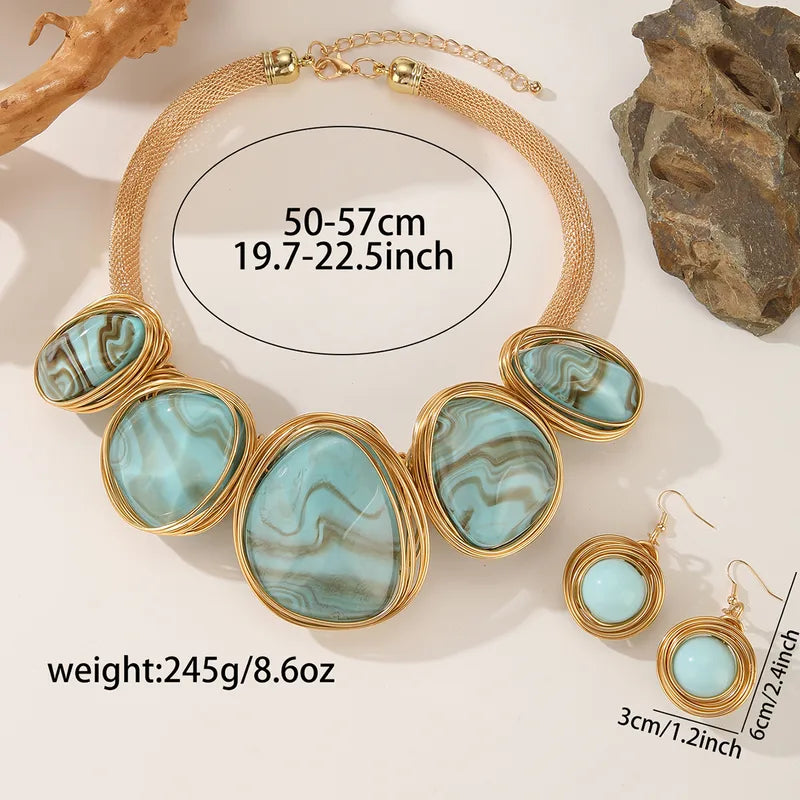 Turquoise blue resin statement necklace, 50–57 cm, with matching earrings – sculptural jewellery for women – Oneofé