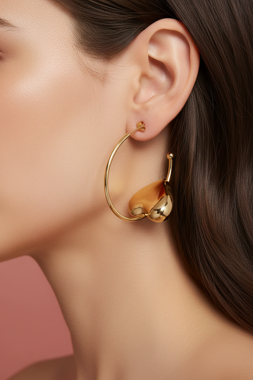 Gold plated heart shape ball hoop earrings — modern minimalist everyday earrings for women India
