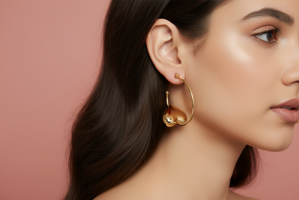 Gold plated heart shape ball ear hoop earrings – dainty everyday jewellery for women – Oneofé
