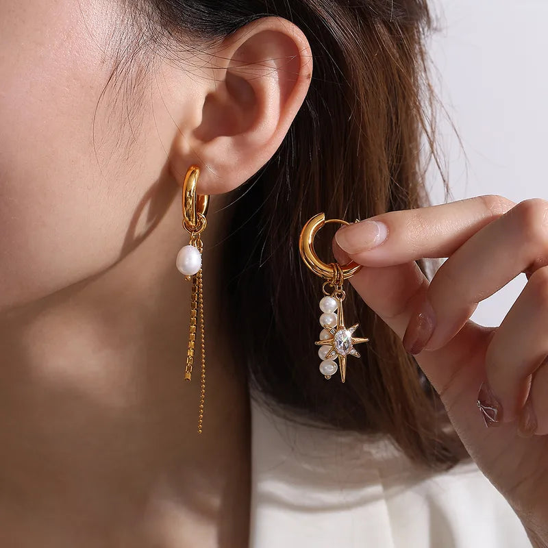 Gold plated hexagram glam zircon stud earrings on model — luxurious business elegant earrings for women