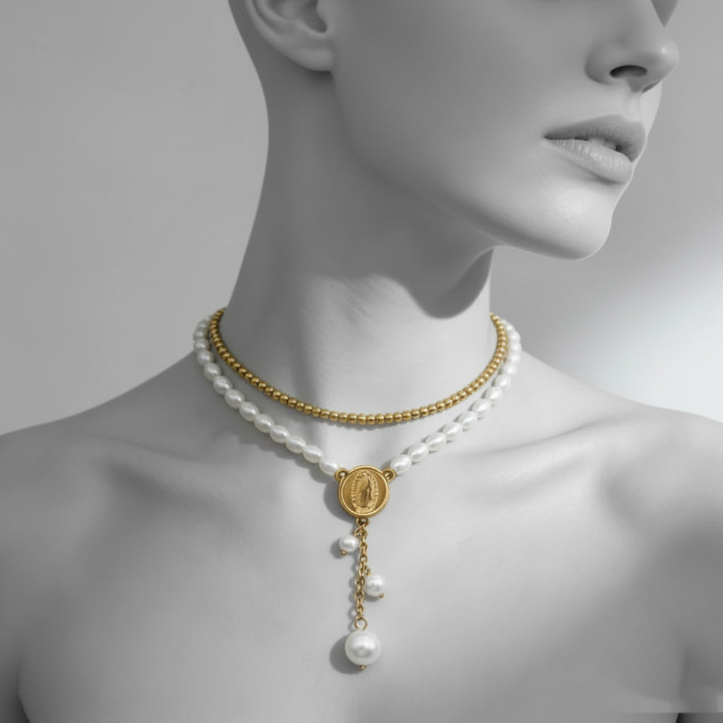 Gold plated pearl beading pendant necklace close-up — waterproof anti-tarnish jewellery