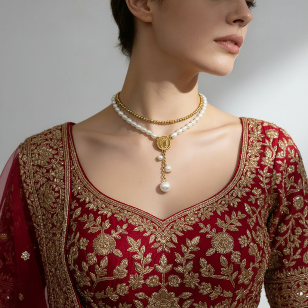 Gold plated pearl beaded pendant necklace flat lay — luxury jewellery gift for her