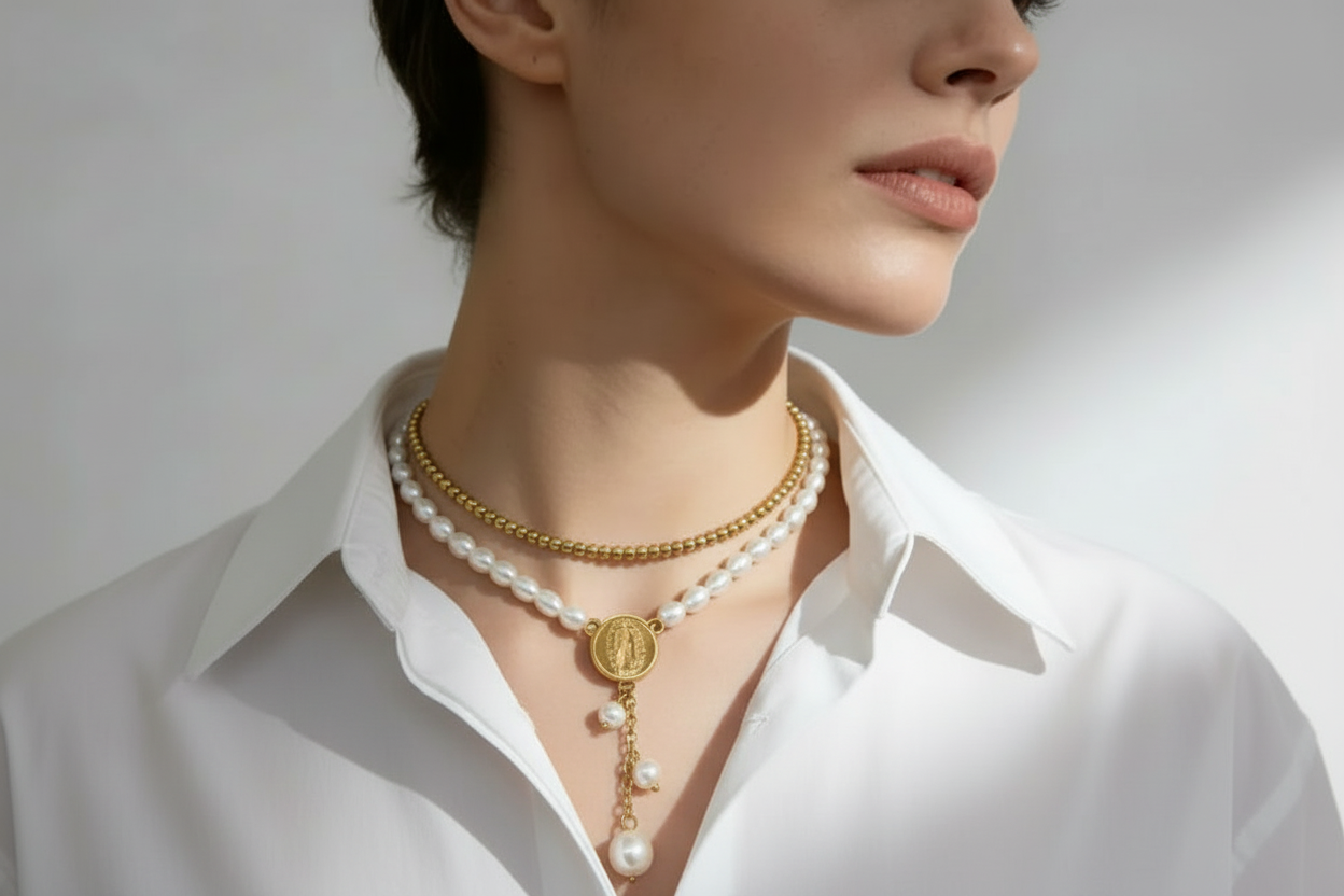 Pearl pendant necklace on model — 18K gold plated beaded chain jewellery India