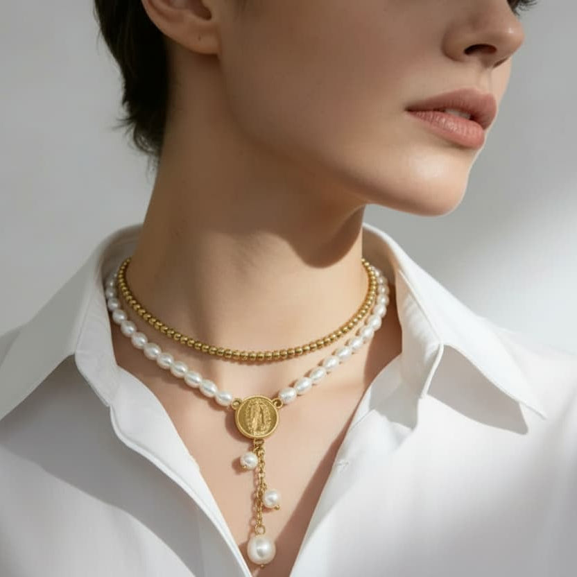 Pearl beaded chain pendant necklace detail — dainty gold jewellery gift for women
