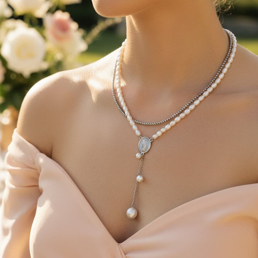 Silver Pearl Beading Mother mary Pendant Necklace – dainty layered everyday wear for women – Oneofé