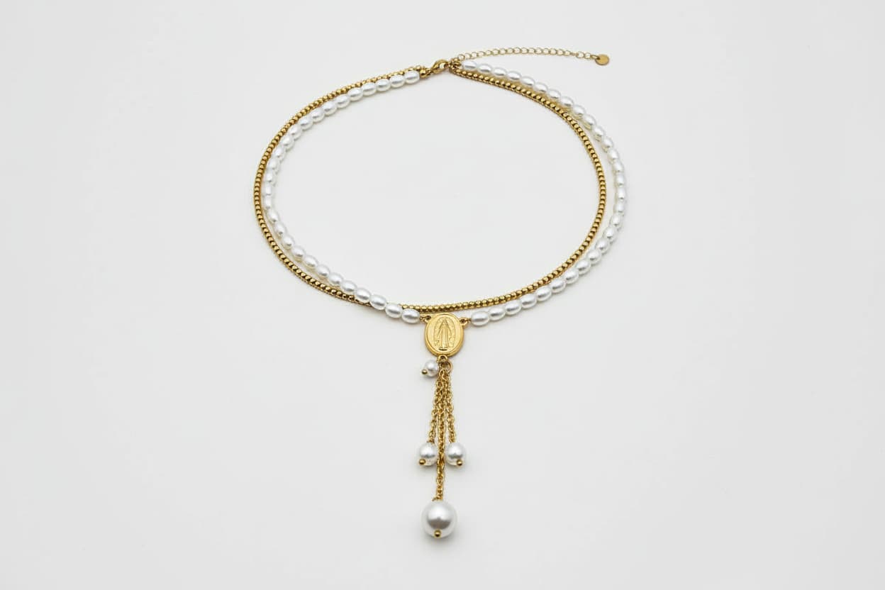 Pearl beaded chain pendant necklace detail — dainty gold jewellery gift for women