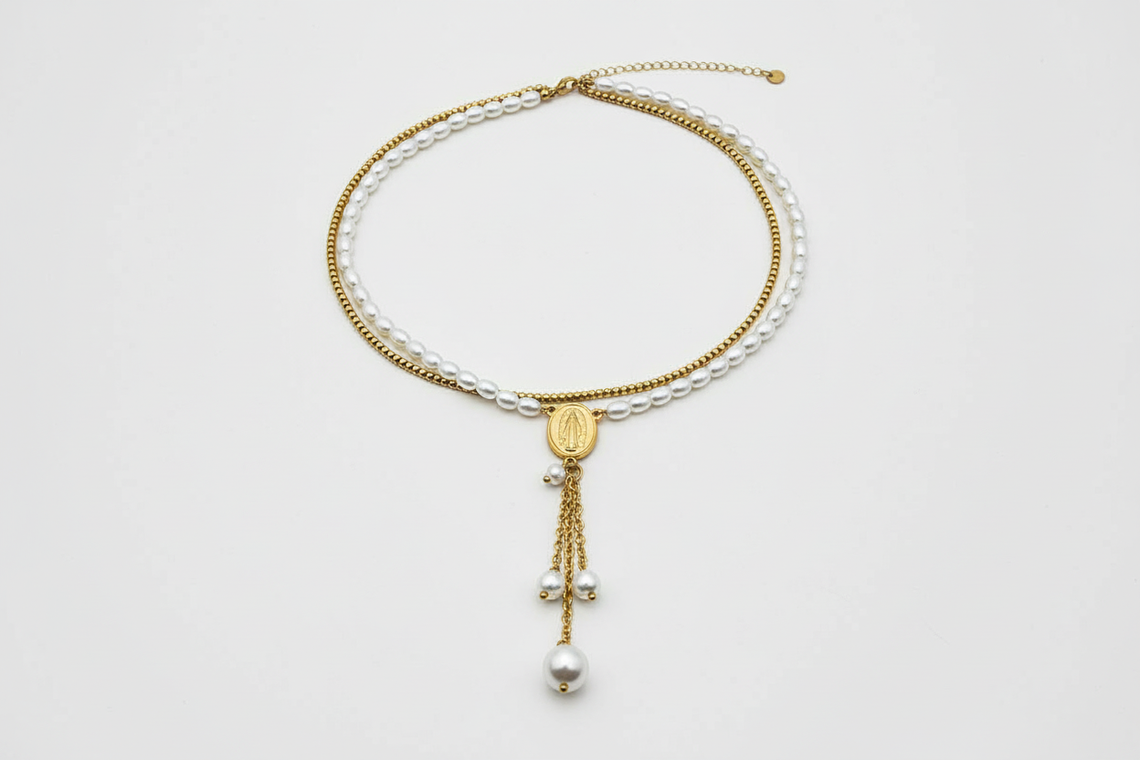 Pearl beaded chain pendant necklace detail — dainty gold jewellery gift for women