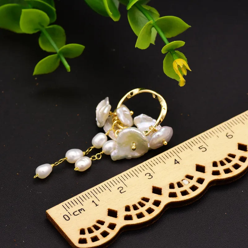 Pearl White 18K Gold Plated Freshwater Pearl Tassel Earrings size reference – handcrafted demi-fine for women – Oneofé