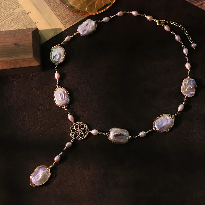 Purple baroque pearl geometric handmade necklace – statement handcrafted jewellery for women – Oneofé
