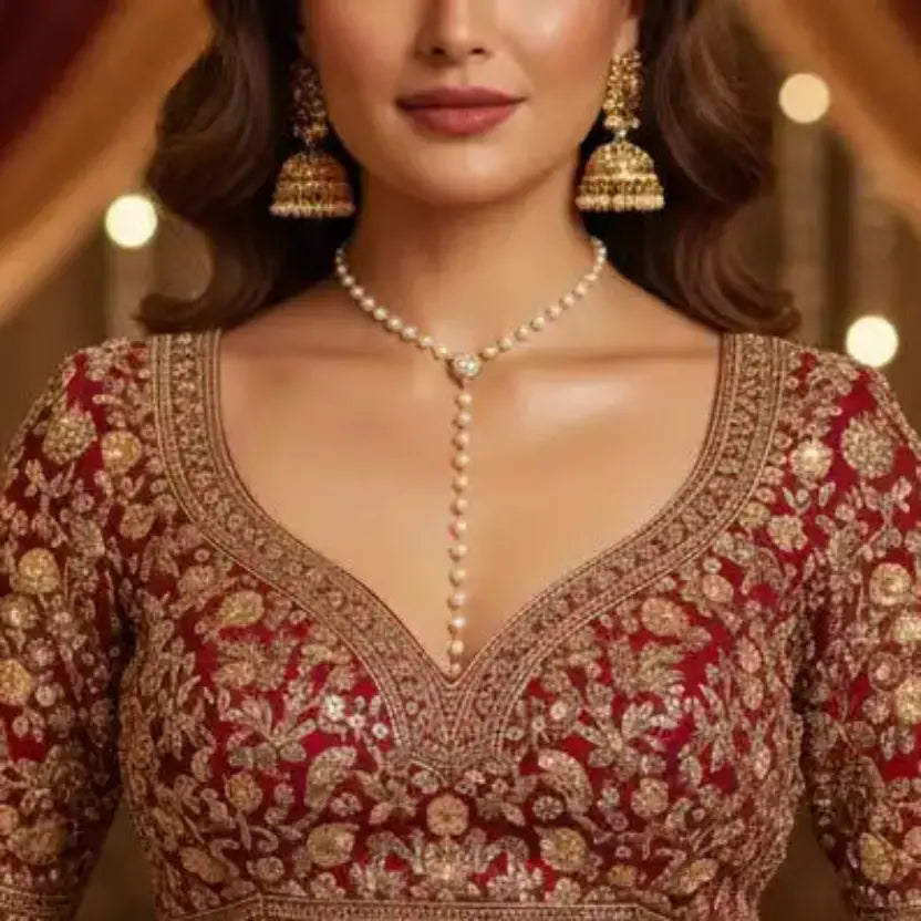 Faux Pearl Y-Lariat Collarbone Necklace worn with red bridal lehenga – bridal statement necklace for women – Oneofé
