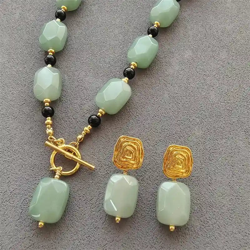 opper Gold Mint Green Faceted Natural Stone Necklace & Earring Set – dainty geometric  for women – Oneofé