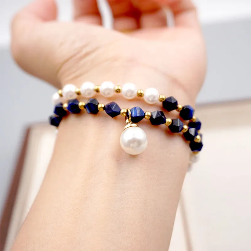 Gold plated white and blue pearl stone beaded bracelet — vintage style stackable jewellery for women India
