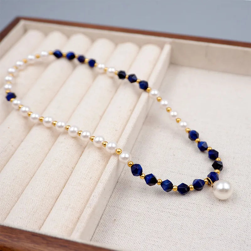 Gold plated white and blue pearl stone beaded bracelet – dainty everyday jewellery for women – Oneofé