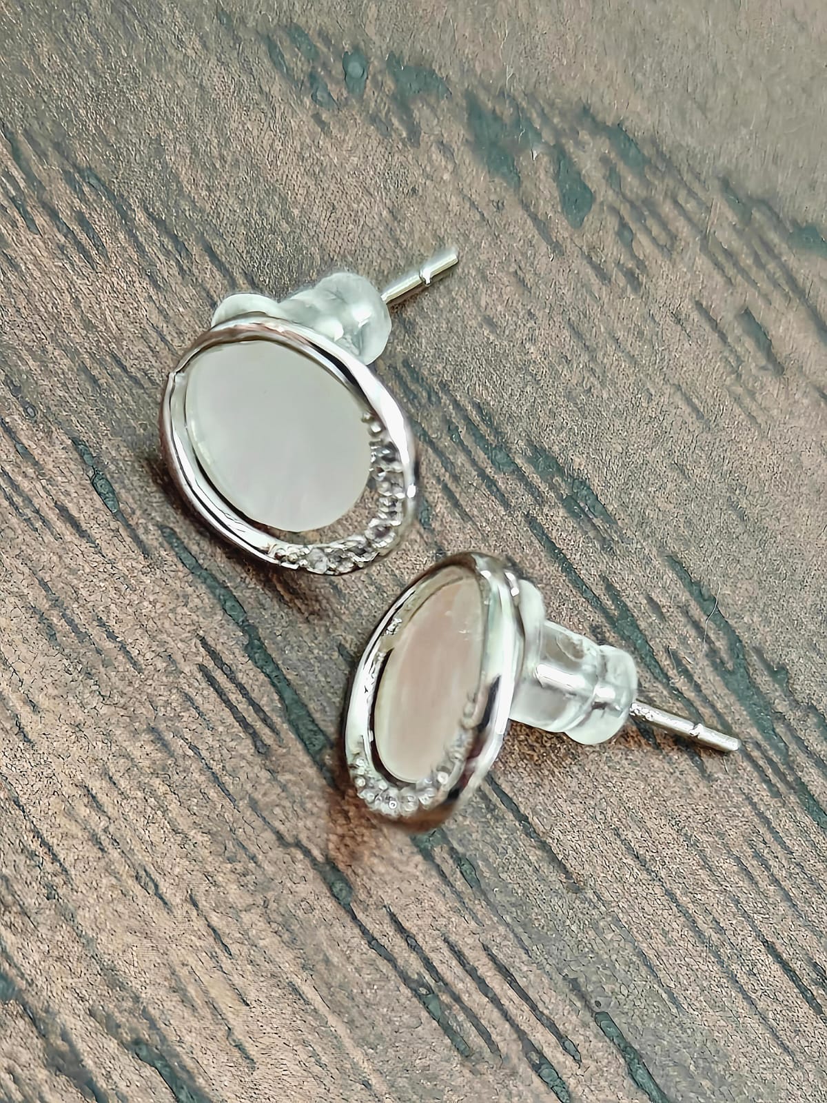 Korean silver plated opal round stud earrings — iridescent minimalist everyday earrings for women