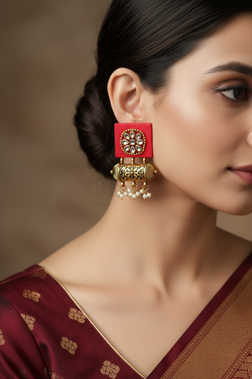 Orange wooden handcrafted drop earrings — ethnic jewellery for women India