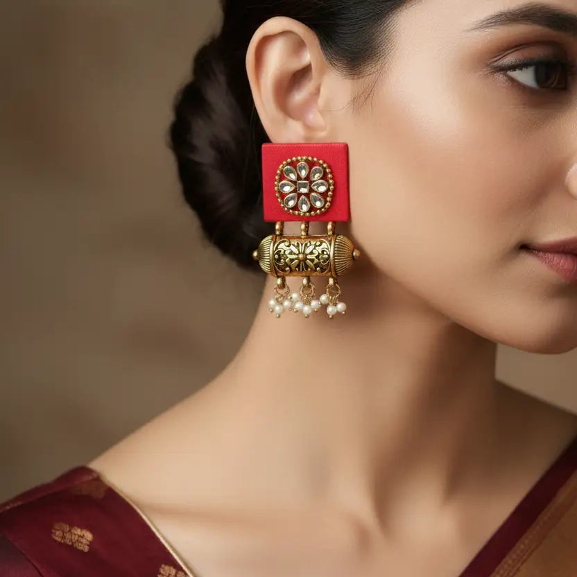 Orange wooden handcrafted drop earrings — ethnic jewellery for women India