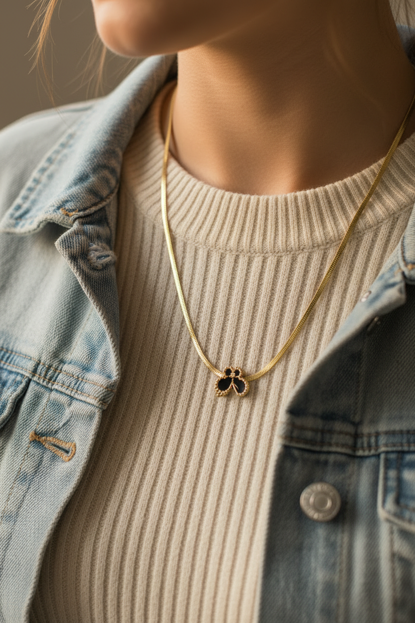 Side view black butterfly snake chain pendant necklace – dainty statement jewellery for women – Oneofé
